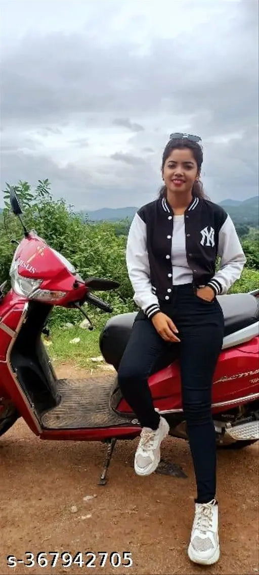 Fleece long sleeve black NY patch crop jacket for women, featuring stylish printed design from India