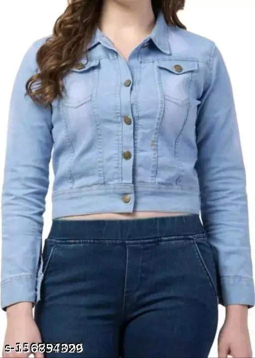 MHR fashion light blue denim jacket with white buttons and zippered front pocket