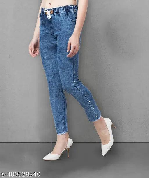 Stretchable premium blue denim side pearl joggers, girls