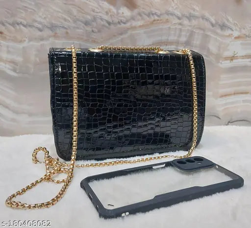 Black croc embossed sling bag for women with chain straps