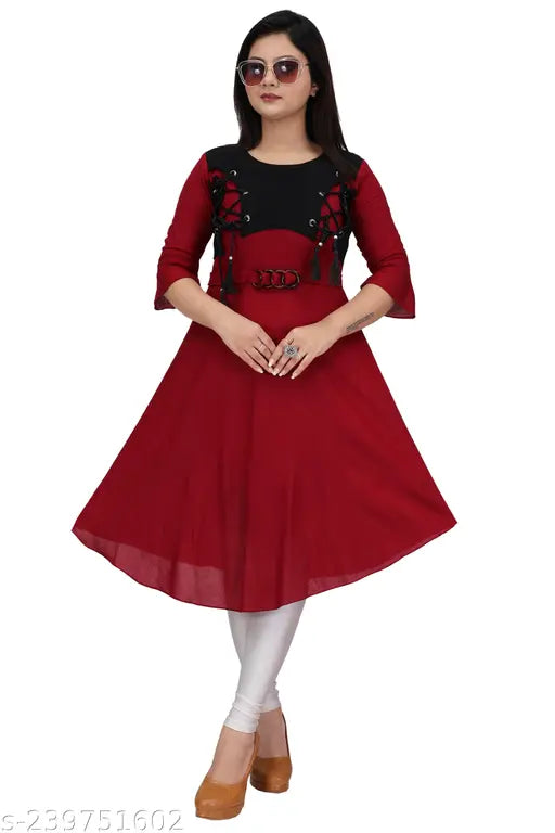 Maroon rayon three-quarter sleeve solid kurta for kids aged 13-15 years, traditional Indian clothing