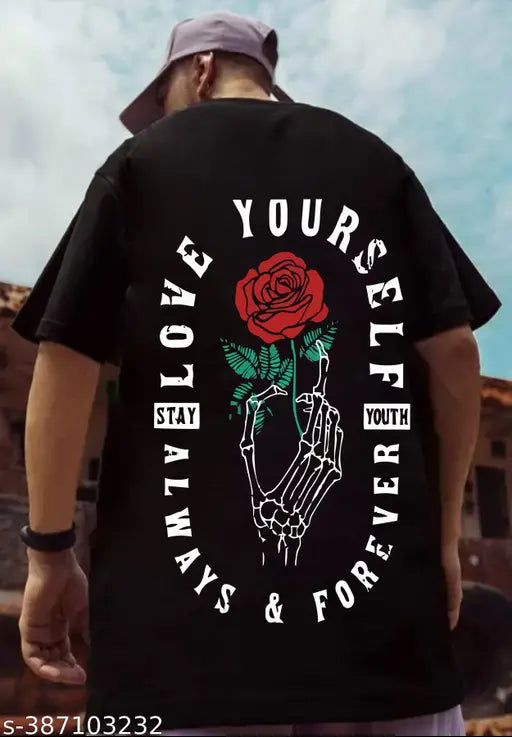 Black cotton blend oversize t-shirt with 3/4 sleeve & printed self-love design (S-XXL)