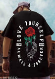 Black cotton blend oversize t-shirt with 3/4 sleeve & printed self-love design (S-XXL)