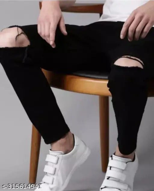 Black cotton blend knee-slit jeans for men, Flaying Men FD2ODH on a hanger