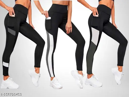 Stretchable striped Lycra yoga track pants for girls & women (free size 28-40"), solid net workout trousers pack of 3