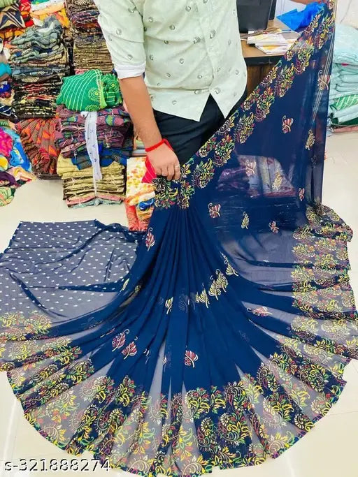 Navy georgette saree with floral embroidery, full-length, traditional style