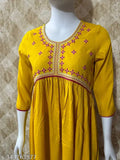 Yellow rayon Aliya cut kurta with long sleeves and embroidered detailing