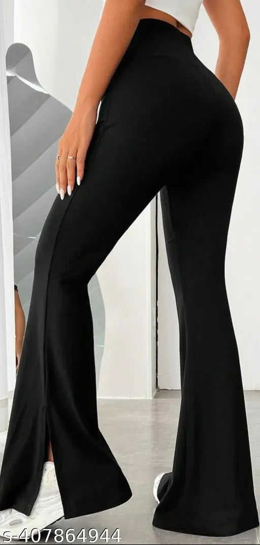Black cotton straight-fit formal pants, high waist, long legs
