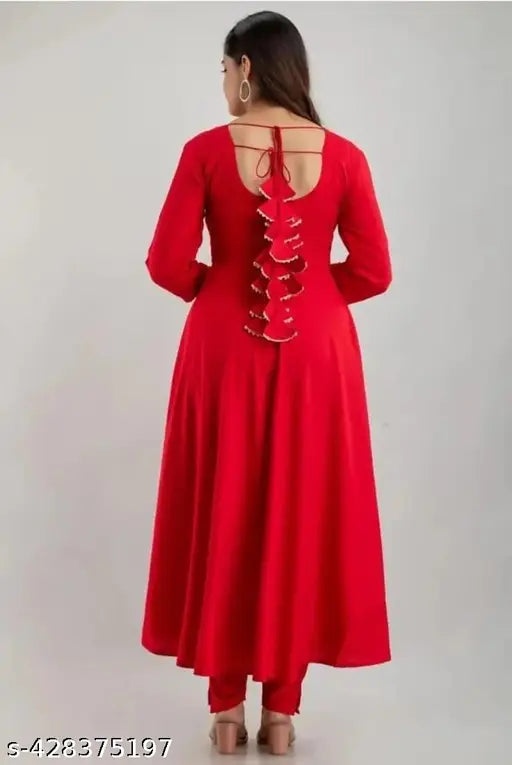 Red rayon three-quarter sleeve women's gown with dupatta - elegant special occasion wear from India