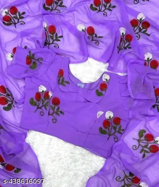 Purple georgette fabric party saree with floral embroidery