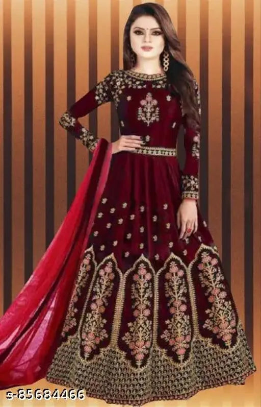 Fancy taffeta silk three-quarter sleeve long gown with embroidery, Indian semi-stitch design