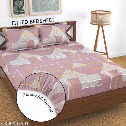 White striped premium cotton elastic king size bedsheets with 2 pillow covers, double bed, supersoft 72x78+10 inche