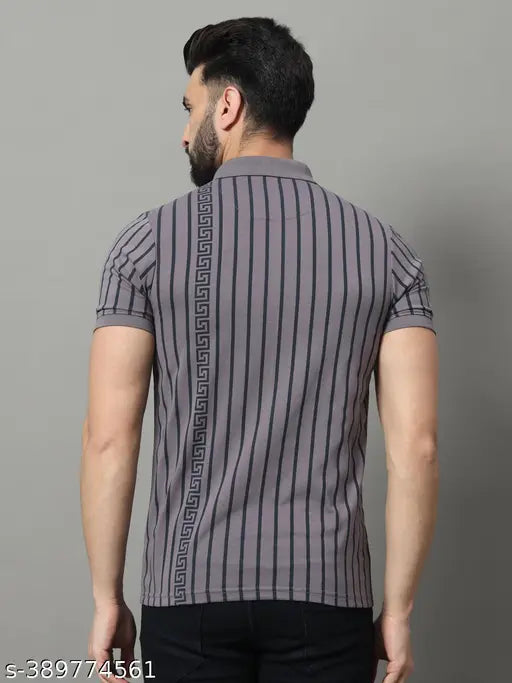 OGEN striped cotton blend men's polo t-shirt, short sleeves, pocket on chest, straight hem - size XXXL (49 in chest, 31 in length)