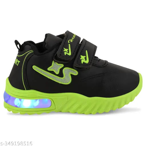 Neon green and black Handly collection kids' lightweight outdoor sports shoes with LED lights, featuring velcro closure