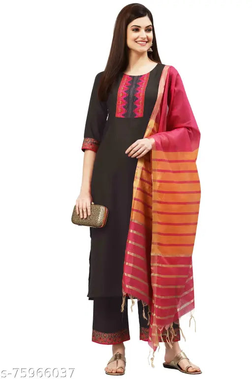 Black printed cotton straight kurta set with palazzos, three-quarter sleeves - Laayna women's traditional Indian outfit