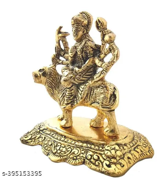 Golden metal Durga Maa idol statue (12cm x 12cm x 8cm) for Puja room decorative showpiece, Indian origin