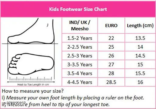 This is an image of a kids' footwear size chart, showing various sizes in both metric units (Euros) and standard measurements (indicating inches). The chart includes the shoe brand "KATS" and mentions the styles "Girls", "Boys", and "Casual Fashion". The visible attributes include sandal types, sizing information, and a scale for reference