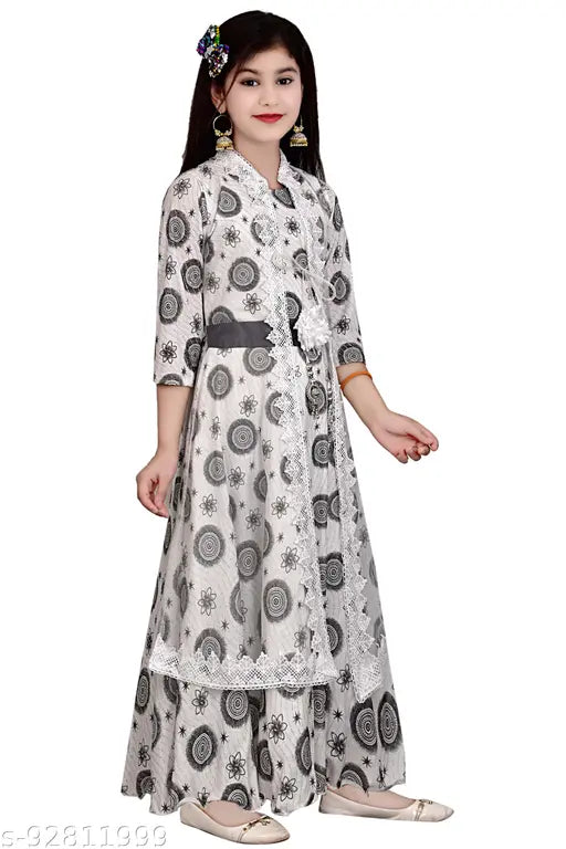 Silk printed net full length gown dress for girls party wear, three-quarter sleeves, suitable for cute girls aged 3-11 years