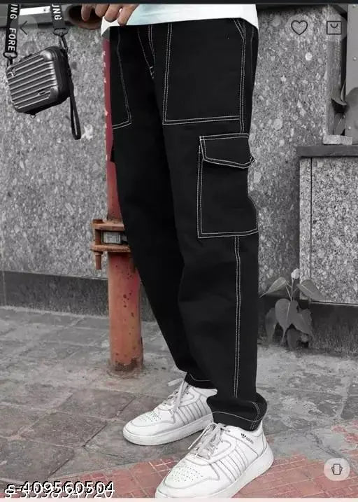 Black denim Markview baggy jeans - sleek and versatile men's/boys casual partywear with cargo-jeans look