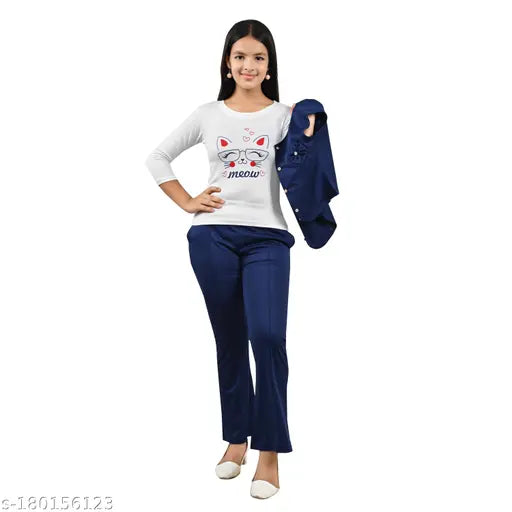 Navy cotton blend printed girl dress set with three-quarter sleeves, includes T-shirt, jacket, and pants/palazzo. Indian fashion for 8-9 to 14-15 years