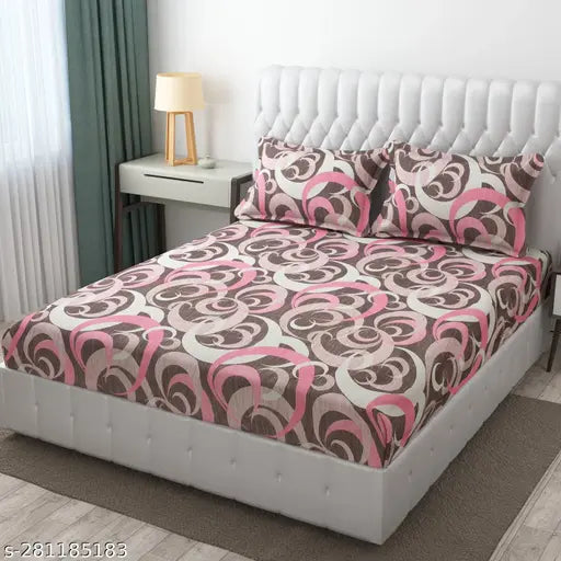 Tom comfort supersoft elastic fitted king size double bedsheet with abstract pattern & 2 pillow covers (72/78'' for 8" mattress), lightweight, easy to wash at home