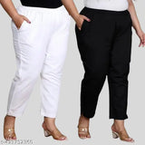 White/Black Trendy Cotton Solid Plus Size Jumbo Pant Combo for Women - Flattering ankle-length trousers with elastic waistband, available in multiple sizes