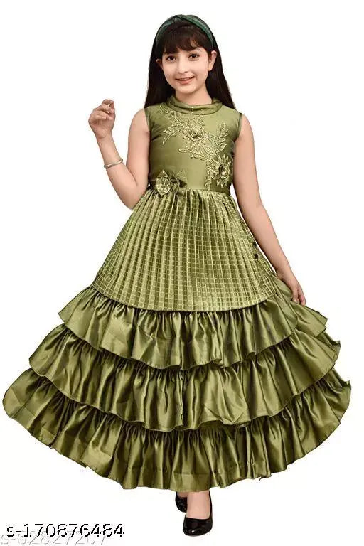 Green silk blend solid pleated gown for girls (pack of 1), stylish kids wear, short western dress in various sizes from 4-5 years to 11-12 years. Perfect for everyday and party wear. Indian-made, comfortable and fashionable