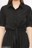 Black color women's solid 2-piece crepe jumpsuits, short sleeves, solid pattern. Jumpsuits shown on model with varying sizes: S (36/52/32), M (38/52/34), L (40/52/36), XL (42/52/38). Made in India