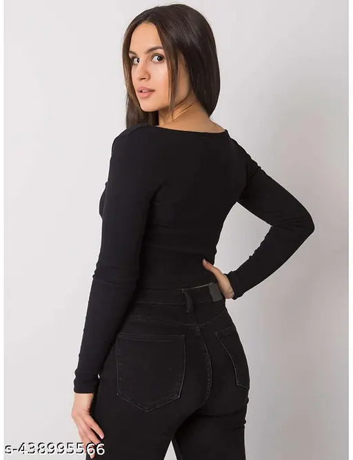 Cotton solid square neck long sleeve crop top, women's casual clothing, slim fit on model