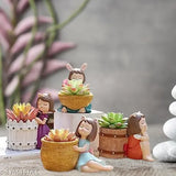 Resin basket girls succulent planters (set of 4), decorative multi-colored pots featuring whimsical girl figurines holding the pots