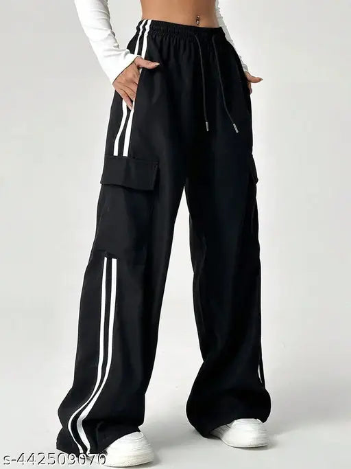 Black four pocket wide leg pants with white stripes, elastic waist.