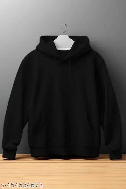 Black cotton blend full sleeve hoodie for boys, solid color and long sleeves style Main image