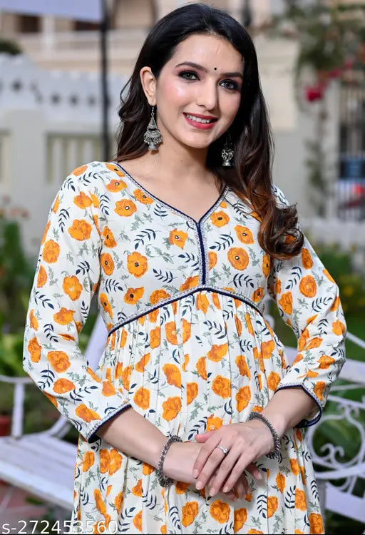 Rayon three-quarter sleeve Aliya Cut Floral Summer Dress/Kurti with printed combo, ideal for women and girls