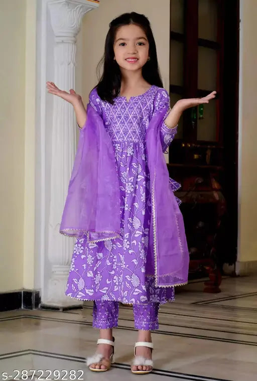 Kids ethnic rayon set with A-line palazzos and printed top, featuring three-quarter sleeves. Soft, lightweight, comfortable, machine washable, and available in multiple sizes (5-6 Years: 30/26in, 7-8 Years: 31/27in, 9-10 Years: 32/28in, 11-12 Years: 33/29in, 13-14 Years). Indian origin