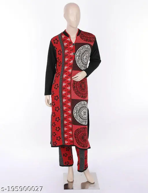 Woollen women's kurta palazzo set with Swarovski work, printed abstract pattern, XL, XXL, free size