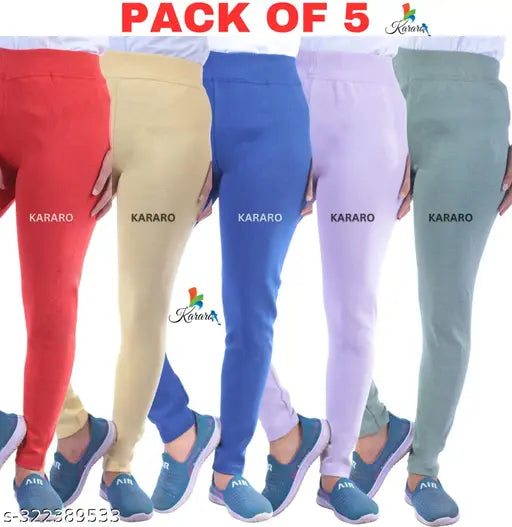 Cotton blend jeggings pack of 5, comfortable and trendy women's joggers in solid colors, made with medium quality cotton lycra rib fabric. Variety of sizes available from 26-34, plus free size. Indian-made jeggings for a low price segment