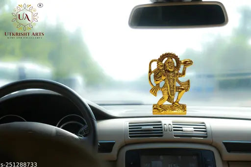 Hanuman ji Statue, gold-plated tabletop idol for car dashboard and temple decor, traditional Indian art piece (5cm x 9.5cm x 1.5cm)