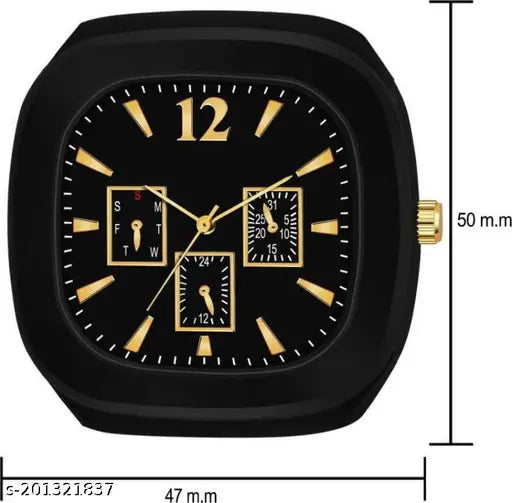 Classic analog watch, black face, gold markers, black strap, silicon band, multi-square case, round date display, day of week and month indicator, genuine leather, fashionable design for boys