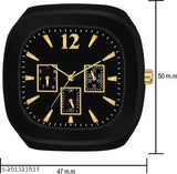 Classic analog watch, black face, gold markers, black strap, silicon band, multi-square case, round date display, day of week and month indicator, genuine leather, fashionable design for boys