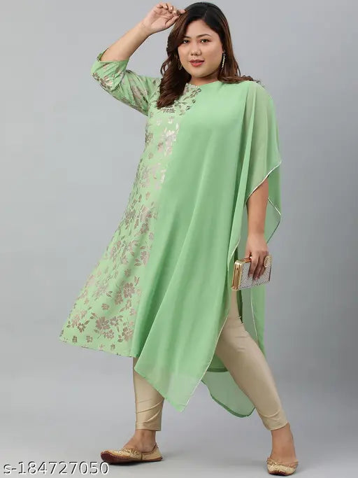The image depicts a woman wearing a light green, straight-cut poly crepe kurta with foil prints. It has long sleeves and appears to be of a slim fit style, suitable for formal wear or casual outfits