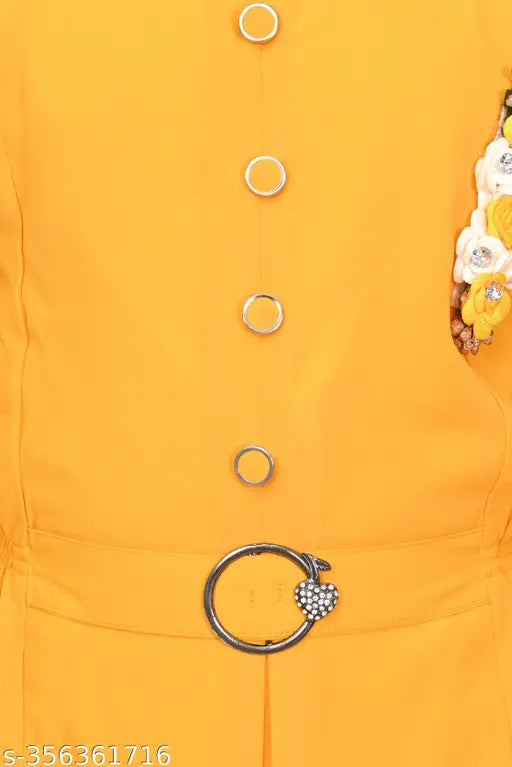 Yellow party dress with fitted waist, short sleeves, and knee length