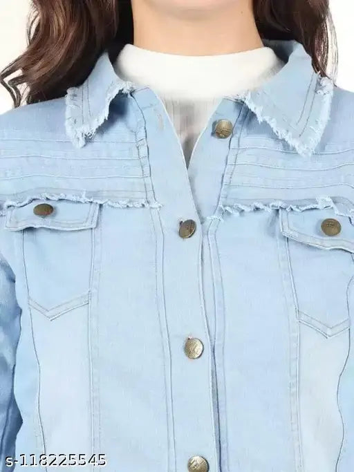 Solid denim women's jacket, three-quarter sleeves, classic design with shank buttons and chest pockets. Available in multiple colors