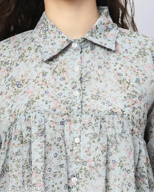 Grey printed bell sleeves tunics, 100% Georgette for women - Indian origin