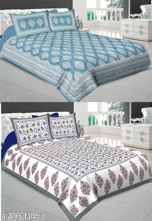 Jaipuri pure cotton double bed sheets, pack of 2, 180 thread count, queen size, India-made