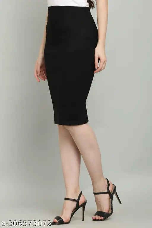 Women's solid pencil black skirt, cotton blend, size 32 (waist 32in, length 19in), made in India
