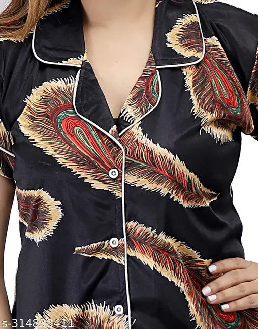 Trendy black satin nightdress with floral print, comfortable sleepwear for women