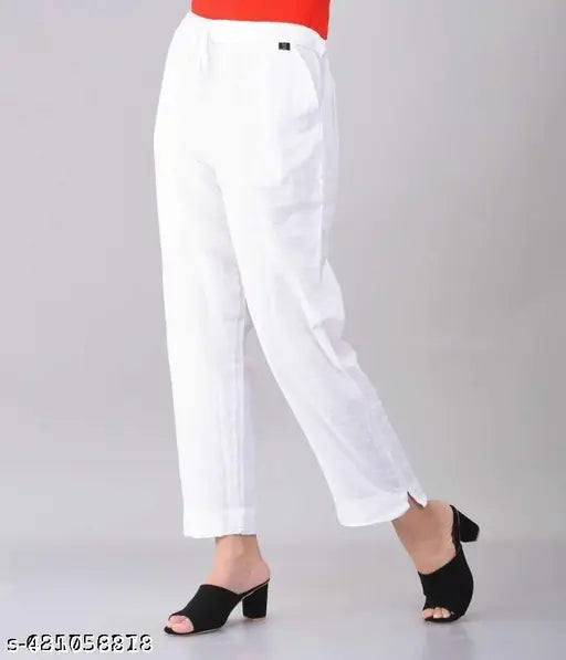 White pure cotton blend khwaahish creation womens regular fit casual trousers two side pockets