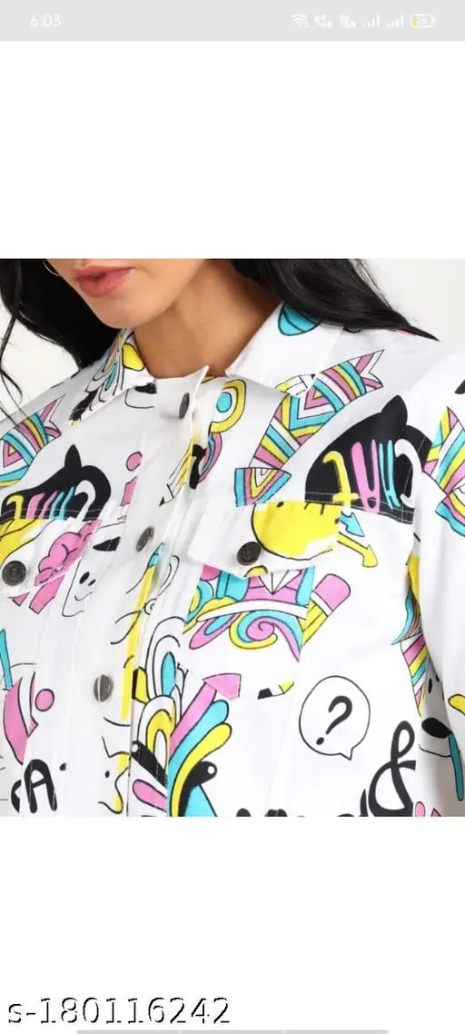 Cotton blend graphic printed full sleeve women's casual jacket in denim look, perfect for jeans and ethnic outfits - MEHRU ENTERPRISES, India