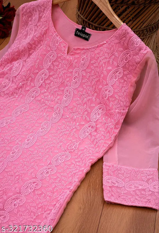 Pink Georgette Chikankari Sequin Work Kurti, traditional ethnic embroidered style for women and girls