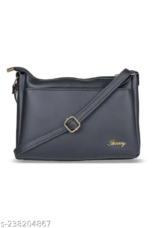 Black faux leather women's sling bag with a buckle closure